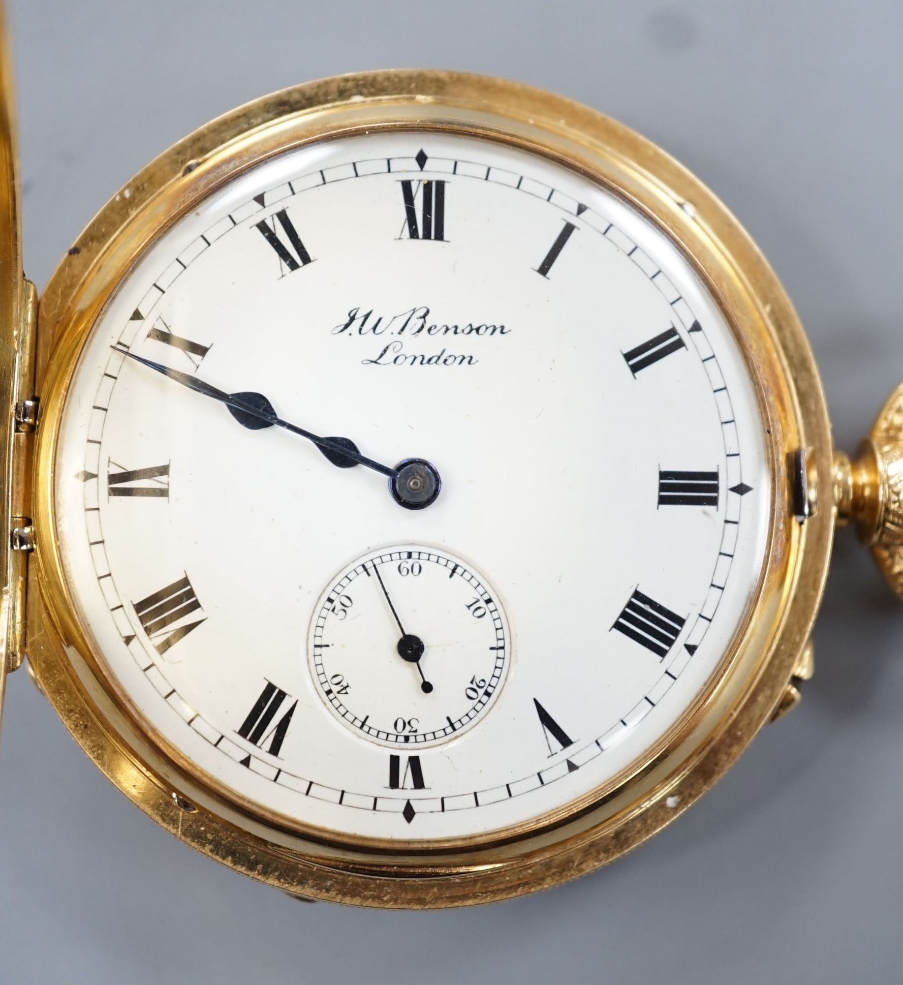 An Edwardian engraved 18ct gold half hunter keyless pocket watch, by J.W. Benson, with Roman dial and subsidiary seconds